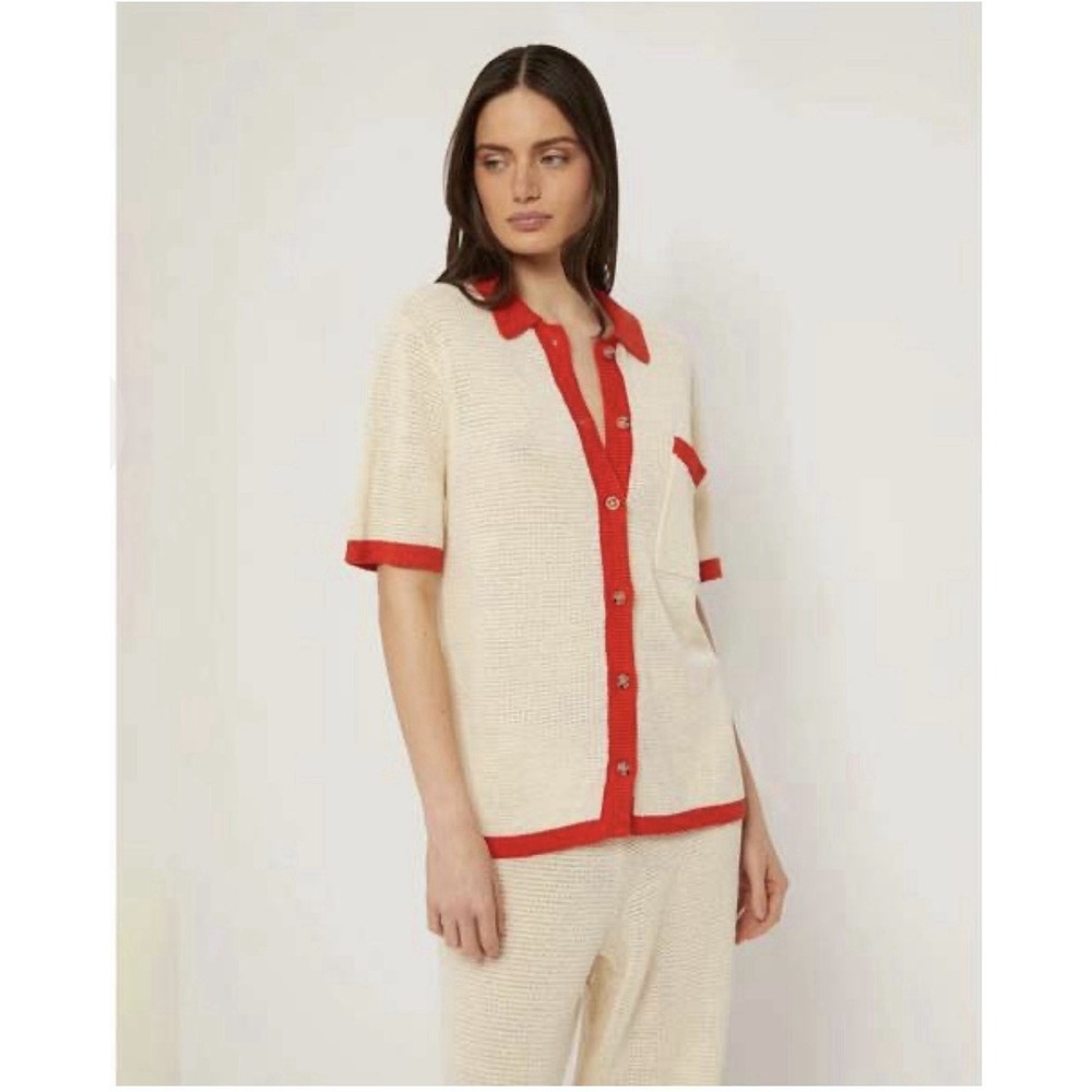 Onia Oversized 100% Linen Knit Button Up Shirt Sz XL/XXL Cream Poinciana Crochet